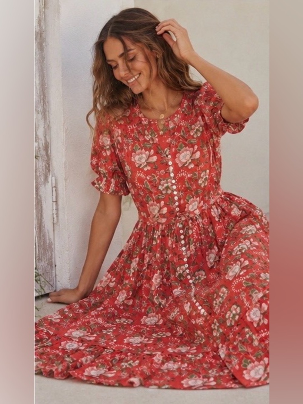The Fox &the Mermaid Venice Floral Boho Midi Dress coral cotton peasant prairie - Picture 2 of 13